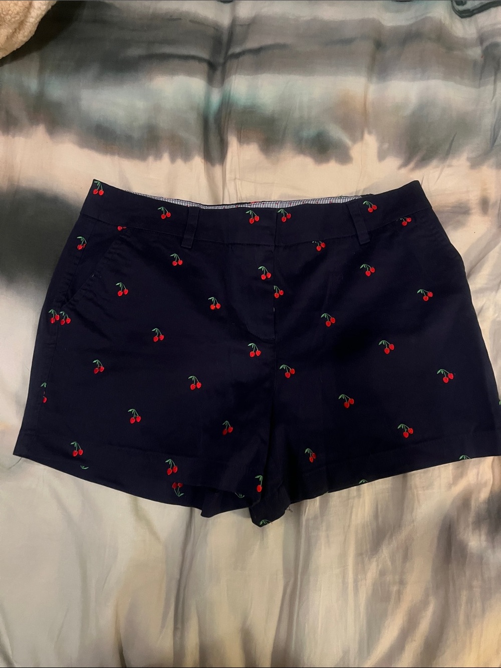 British Khaki Navy Shorts with Red Cherry Embroidery